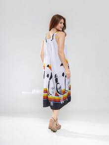 Viscose Mid-Length Trapeze Dress With Toucan Print, Perfect For Everyday Wear And The Beach, With Pockets PLK 1212 - 白色 - 查看 3