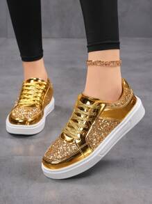 Women Casual Sports Shoes, Fashion Glitter Shoes, Flat Sneakers, Lace-Up Trainers, Lightweight Breathable Flats - Gold - View 3
