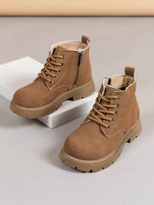 1 Pair Girls/Kids' Fashion Simple Side Zipper Ankle Boots, Suitable For All Seasons - Brown - View 5