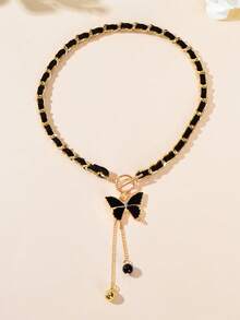 1 件哥特式小众风格 PU 皮革链条包裹颈链，性感黑蝴蝶和水滴设计，适合女性派对佩戴 - 蝴蝶 - 查看 2