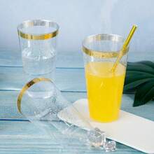100 Pcs Gold Plastic Cups - 16 Oz Clear And Gold Rim Plastic Wine Cups, Big Size Fancy Disposable Party Cup Beverage Drinking Cup For Party & Wedding - Gold - View 4