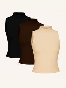 Kit 3 High Neck Blouse Suplex Basic Women's Casual Tank Top - 黑色/棕色/米色 - 查看 1
