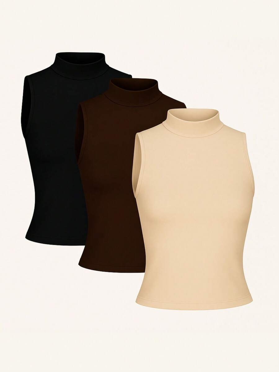 Kit 3 High Neck Blouse Suplex Basic Women's Casual Tank Top - 黑色/棕色/米色 - 查看 1