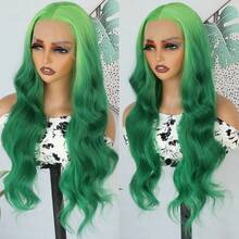 13x4 Free Part HD Lace Front Wig Ombre Purple Color Long Body Wave Synthetic Hair 180% Density Pre-Plucked Glueless Purple Ombre Colored Long Wavy Hair 26 Inch Free Part Soft Natural Look For Women Versatile Styling Options - Green Ombre - 查看 5