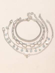 4 件套法式休闲时尚优雅链条手链，配圆形和人造珍珠吊坠，适合女性日常、派对佩戴 - 復古銀色 - 查看 2