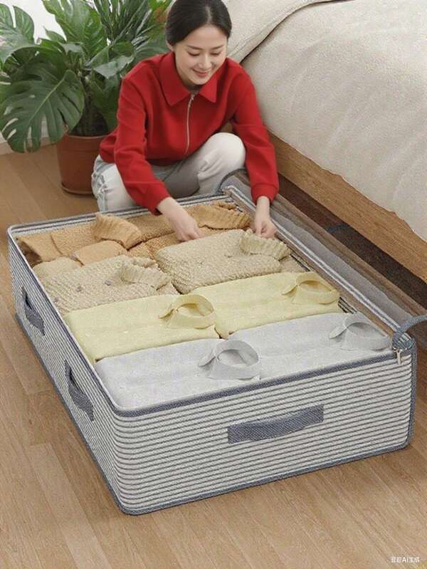 1/2/4 piezas de caja de almacenamiento para el hogar, bolsa de almacenamiento de mantas con cremallera de tela debajo de la cama, con ventanas y asas, apta para dormitorios, dormitorios y otros lugares para guardar ropa, juguetes, mantas y otros artículos, gris