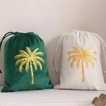 1/5/10pcs White Green Palm Tree Pattern Hot Stamping Velvet Gift Bag,For Celebration Saudi Arabia National Day Party Candy Package Gift Bag