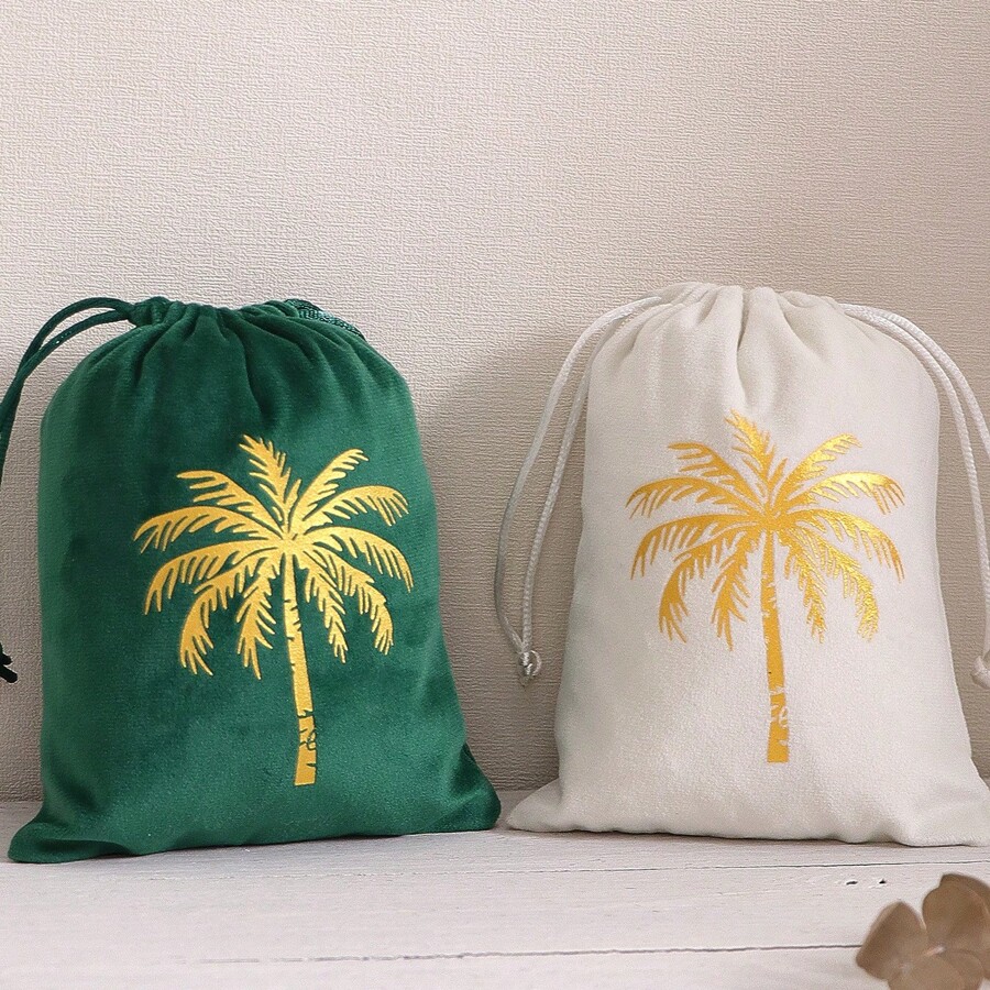 1/5/10pcs White Green Palm Tree Pattern Hot Stamping Velvet Gift Bag,For Celebration Saudi Arabia National Day Party Candy Package Gift Bag