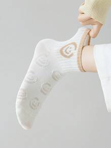 5 Pairs Of White Women's Socks, Cute Cartoon Love Embossed Ribbed Women's Socks Ankle Socks, Daily Casual Sports Wear