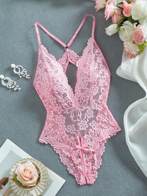 Damen sexy Spitzen-Bodysuit ohne Schritt mit rückenfreiem Design und gekreuzten Spitzen-Trägern für Raves