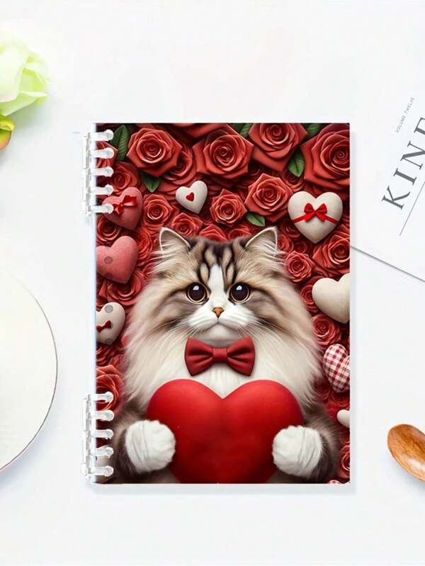 1pc Cute Cat Valentine's Day Notebook - A5 120 Pages Lined Spiral Bound Notepad. Simple Heart & Rose Design Loose Leaf Notebook, Suitable For School, Office, Diary Use In New Semester, Smooth Writing For Student & Office Supplies