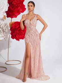 ADYCE Sequin Strap V-Neck Maxi Prom Dress High Waist Backless Criss-Cross Tie Up Back Banquet Party Evening Dress