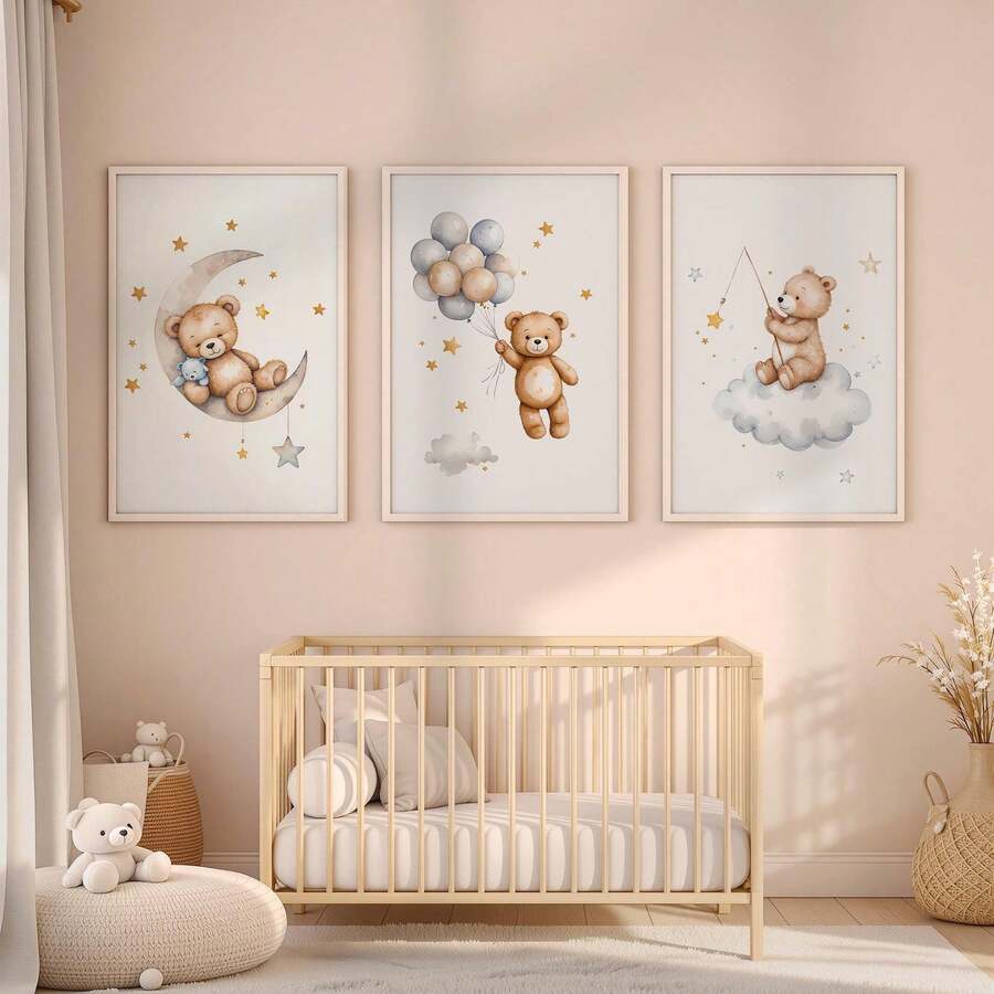 1件婴儿房墙饰。泰迪熊主题儿童房墙画，月亮星星图案儿童房装饰画，可爱小熊气球海报，儿童房装饰，婴儿礼物，复古可爱励志海报，儿童礼物。女孩房装饰，游戏室装饰，幼儿房墙饰。 - 彩色 - 查看 1