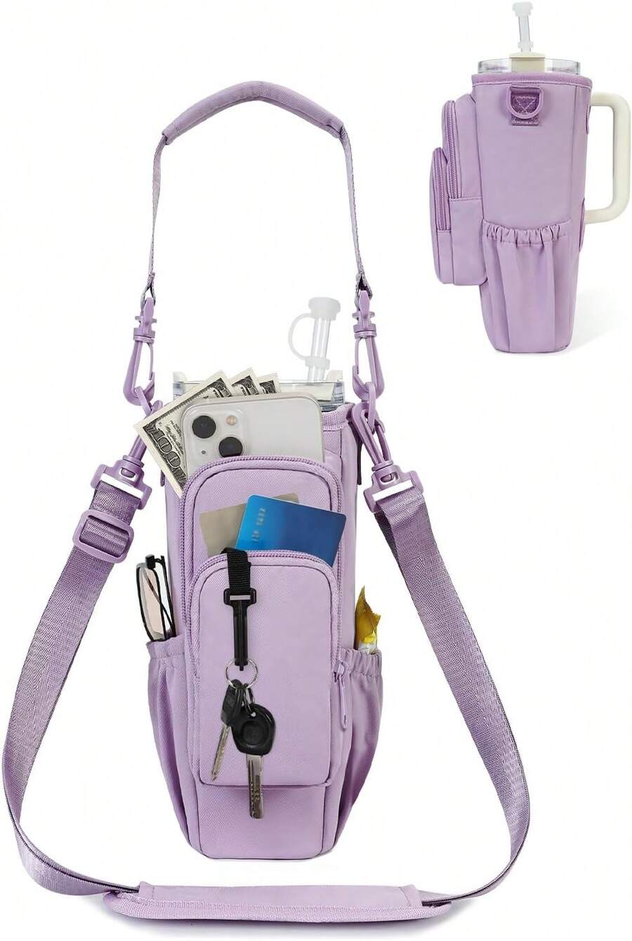 Water Bottle Carrier Bag With Phone Pocket For 30oz 40oz Tumbler With Handle Accessories Insulated Water Bottle Holder Pouch With Strap Water Bottle Sling Bag Crossbody With Straw Cover - 紫色 - 查看 1
