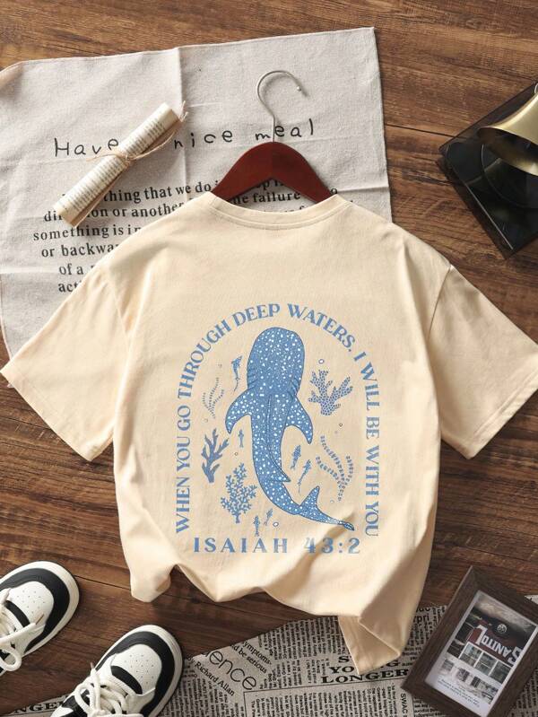 1pc Tween Girls Dolphin Tropical Print Dark Grey Short Sleeve T-Shirt, Student Tween Girl Comfortable & Fashionable Summer Top