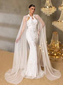 Faeriesty Faeriesty Luxury Pearl-Embroidered Mermaid Gown With Ethereal Sheer Cape Sleeves – Elegant Small Round Neckline, Floor-Length Fish Tail Hem & Formal Evening Dress For Gala Events, Wedding Receptions, Red-Carpet Premieres, Black-Tie Galas, And High-Society Celebrations