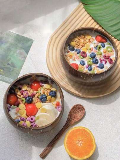 1pc/2pcs Coconut Bowl, Suitable For Yogurt, Oatmeal, Salad And Dessert, Household Tableware, Natural Wooden Bowl (Spoon Not Included), Kitchen Supplies, Christmas/Back To School Gift