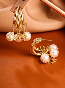 Boucles d'oreilles pendantes en forme de pentagone avec perles factices pour femmes