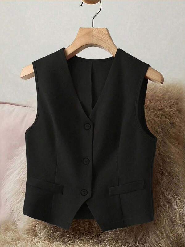 above the aurora Plus Size Women's Elegant Sleeveless V-Neck Suit Jacket, Fashionable Front Button Waistcoat Jacket For All Seasons