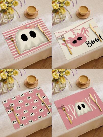 Juego de 4/6/60 manteles individuales de Halloween, con diseños de fantasmas, arañas y letras en estilo de dibujos animados de color rosa, manteles resistentes a la suciedad, adecuados para el hogar, restaurantes y cafés, decoración de mesa de comedor, artículos del hogar