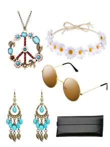 Hippie Accessories Costume,70s Hippie Rainbow Leopard Outfit, Hippie Headbands For Men Women Peace Sign Necklace Sunglasses, Match With Daily Outfits, Party Accessories - Christmas Jewelry Women Gifts Gift Set Prom