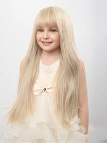 儿童长款金色直发假发，带刘海的儿童金色假发，女童浅金色长款假发，合成假发