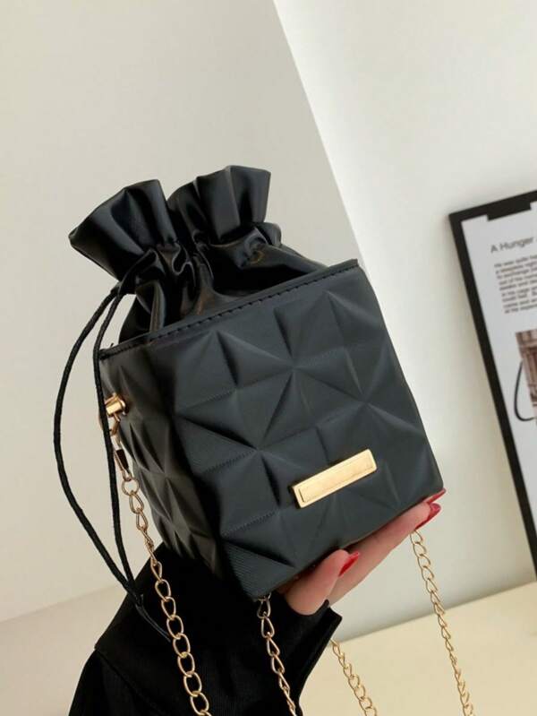 Geometric Embossed Drawstring Chain Strap Box Crossbody Bag