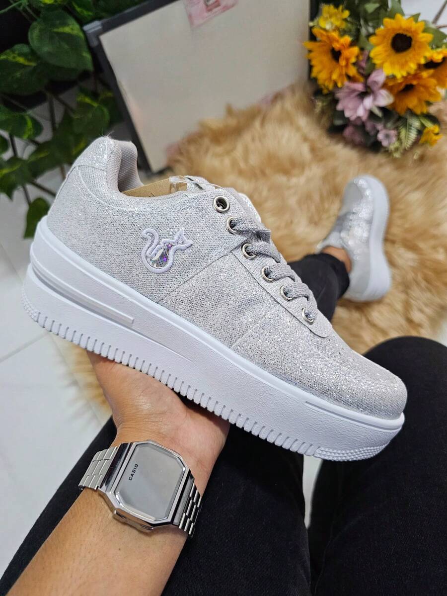 Tenis Zapatillas Casuales de Dama Con Brillos Ideal para Fiestas Graduación Decoración Glitter , Cómodos con Cordones Moda Versátiles Casual Al aire libre Fabulosa Calle Lindo Sexy Fiesta Glamour - Plateado - Ver 1