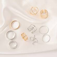 Set de 10 anillos de metal con junturas geométricas clásicas, en color dorado y plateado