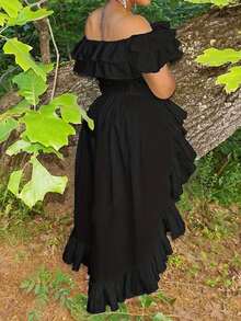 Plus Size Women's Solid Color Ruffle Off-Shoulder Short Sleeve Blouse, Vacation Wear Black Summer - Black - View 3
