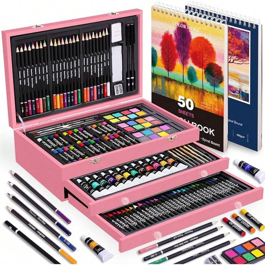 175 Piece Deluxe Art Set With Drawing Pads, Acrylic Paints, Crayons, Colored Pencils, Paint Set In Wooden, Professional Art Kit, Art Supplies Adults, Teens And Artist, WoodMuse Plus