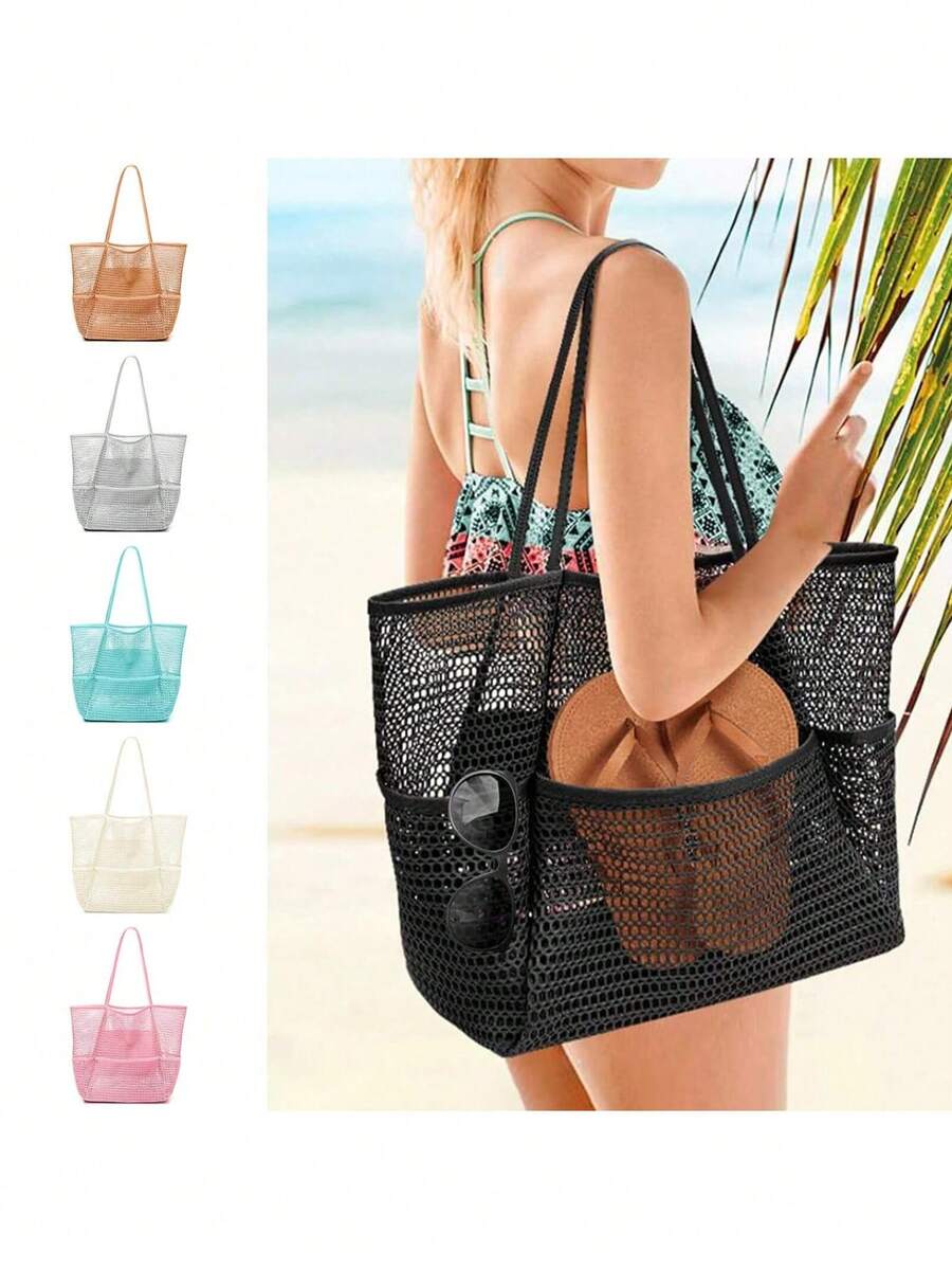 Mesh Beach Bag, Ladies Large Capacity Foldable Mesh Swim Bag With Pocket, Bath Swimming Toiletries Storage Bag, Beach And Seaside Entertainment Storage Tote Bag - Multicolor - View 1