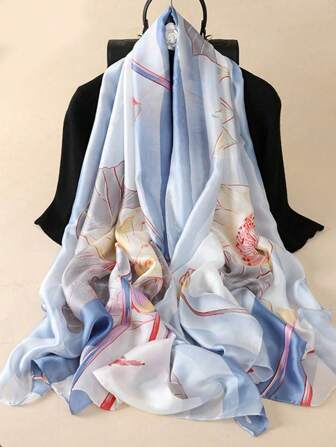 1 件女士时尚优雅缎面印花长围巾，轻盈披肩，适合日常穿着
