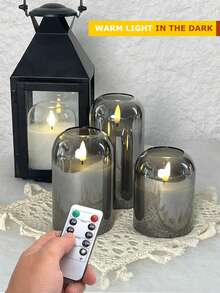 1/3件組 無火燭光燈 附定時器/遙控器，電池供電，逼真燭芯，溫暖火焰，適用於居家、臥室、婚禮、求婚、聖誕節、萬聖節、派對 - 灰色 - 查看 4