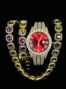 Set de joyería de 3 piezas estilo europeo y americano hip-hop con diamantes completos, reloj, collar y pulsera con rhinestones, correa de metal y calendario, regalo para estudiantes hombres y mujeres