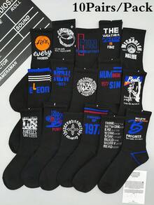 10 双男士随机字母图案中筒袜，滑板街头风格篮球高筒袜，适合所有季节