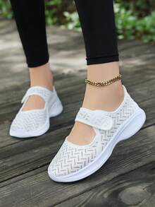 女士透气网眼一脚蹬休闲鞋，宽松版型，适合妈妈 - 白色 - 查看 1
