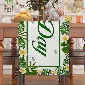 1 Set Of Table Runners For Saudi Arabia's National Day Celebration - Made Of High-Quality Polyester Material With Exquisite Floral Letters "Happy Saudi National Day" Printed On It. The Tablecloth Is Decorated With Bright Green And White Cultural Elements And Is Suitable For Home Banquets, Kitchens, Restaurants, And Holiday Party Decorations. It Has A Patriotic Design. Saudi National Day Saudi Saudi Arabia