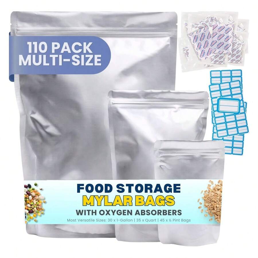 110 Pack Mylar Bags With Oxygen Absorbers - 10Mil Thick Mylar Bags For Food Storage And 400cc Oxygen Absorber, Variety Large Gallon, Quart, 1/2 Pint, Heat & Vacuum Zip Seal Food Bag - 彩色 - 查看 1