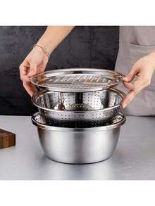 3 Pieces Stainless Steel Kitchen Prep Set: Integrated Grater, Multifunctional Strainer, And Mixing Bowl With Drainage System For Washing, Slicing Fruits, Vegetables, And Cheese Christmas Stocking Fillers,Gifts,Funny Gifts,Ramadan,Personalised Gift, - Multicolor - View 9