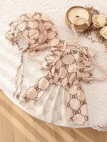 Cute Cat & Dog Allover Print Hooded Jumper Dress With Bow Decor - Apricot - View 3