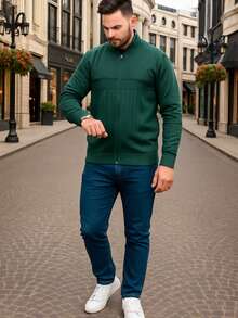 Men's Wool Knit Sweater Turtleneck Winter Zipper Coat - Green - View 6