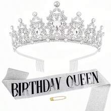 Birthday Queen Crown And Sash For Women, Rhinestone Tiara With Satin Birthday Queen Sash, Birthday Party Decorations Photo Booth Props Gifts - Multicolor - View 19