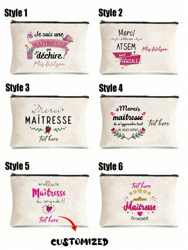 Customized French Teacher Name Cosmetic Bag, Printed With Name, Personalized Teacher'S Day Gift Cosmetic Bag, Durable Travel Toiletry Bag, Lightweight And Simple, Stylish, Zipper Closure, Foldable, Anti-Fading Design
