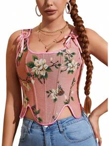 Womens Vintage 1920s Renaissance Lace Trim Corset Bustier, Retro Fashion - 粉紅蝴蝶 - 查看 1