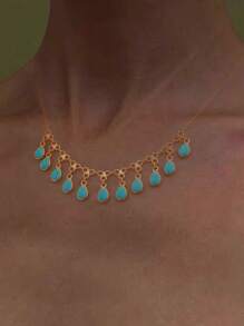 1 colar vintage estilo boêmio com pingentes múltiplos de turquesa azul, adequado para feriados, festas e presente de dia das mães
