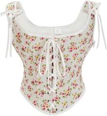 Womens Vintage 1920s Renaissance Lace Trim Corset Bustier, Retro Fashion - Cream Floral - View 1