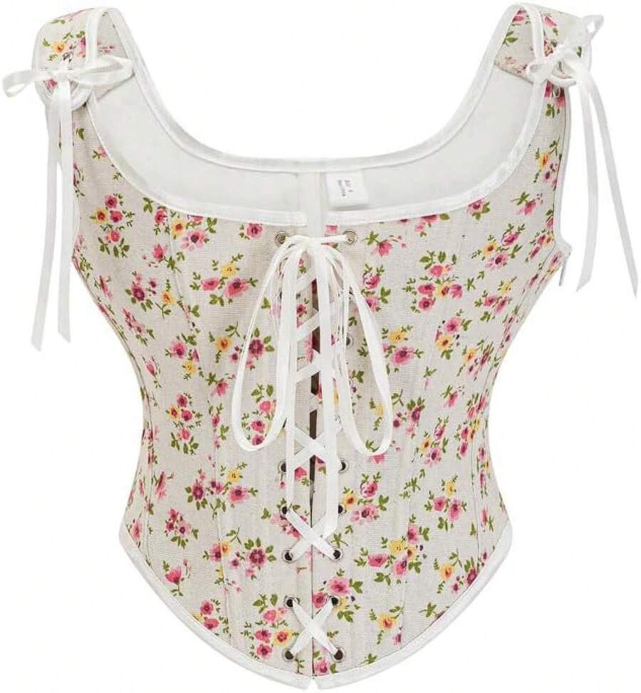 Womens Vintage 1920s Renaissance Lace Trim Corset Bustier, Retro Fashion - Cream Floral - View 1