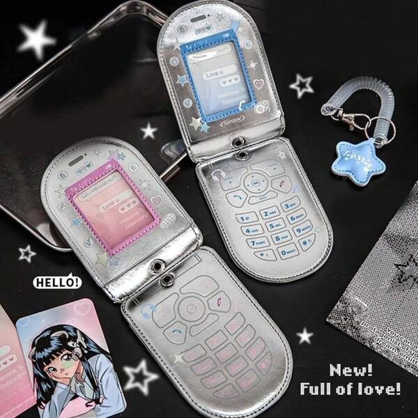 1 peça de chaveiro com porta-cartões de fotos em formato de celular, formato de celular, rosa, azul, kawaii, flip, formato de celular, suporte para PC, pingente de estrela coreana, presentes de papelaria escolar, material escolar, volta às aulas