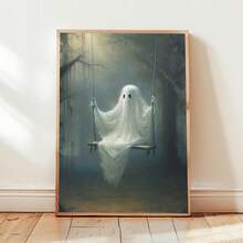 1 件秋千帆布海报 - 可怕的万圣节墙壁艺术与可爱的幽灵，带框卡通风格装饰，适合客厅、卧室或家庭办公室，室内使用，非常适合儿童房或浴室，万圣节装饰